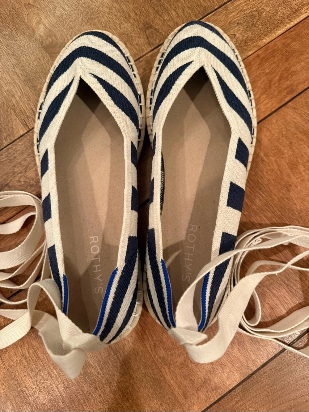 EUC Rothy’s The Espadrille Sailor Stripes | 10 | Removable Ankle Ties | Navy